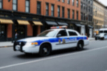 Blurry photo of a police car patrolling the busy city center.
