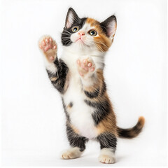 Tiny Calico Kitten Standing on Hind Legs with Paws Up