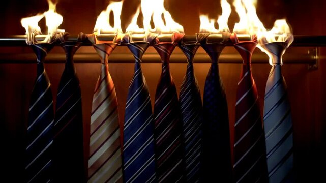 Medium shot of a row of colorful striped neckties on fire in a wooden closet