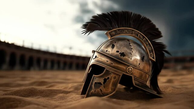 Ancient roman helmet in historical setting