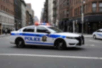 Blurry photo of a police car patrolling the busy city center.