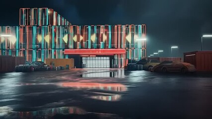 Nighttime warehouse complex with glowing neon accents and retro automobiles - Powered by Adobe