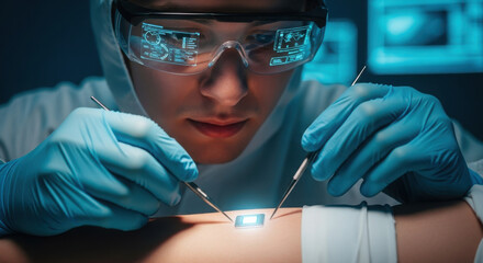 Technician installing a glowing bio-chip implant in a forearm. biohacking and DIY enhancement concepts.