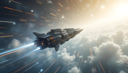 Futuristic Spaceship Traveling Through Colorful Cosmic Clouds