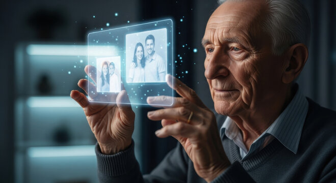Elderly man interacting with a glowing family photo hologram. aging, memory, or future tech and emotion concepts. - Powered by Adobe