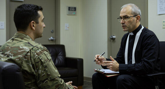 Military serviceman speaking with priest chaplain in counseling office. Military pastoral care. Mental health support, spiritual guidance and emotional counseling services. Confidential assistance