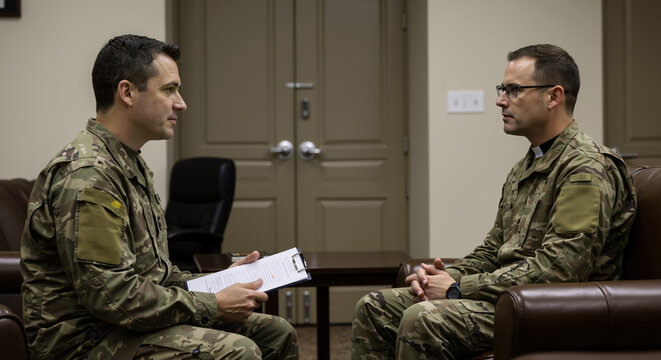 Two military servicemen in camouflage uniforms during counseling session in office setting. Military mental health. Psychological support, peer counseling, readjustment services. combat stress