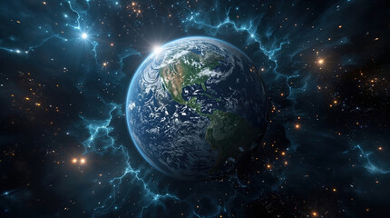 Obraz premium Earth From Space Surrounded By Stars And Blue Nebula In Stunning High Resolution View