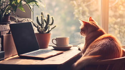 A cozy home office setup with a laptop, a cup of coffee, and a cat or dog lounging nearby. The workspace is neat and minimalistic, with natural light pouring in, creating a perfect balance of