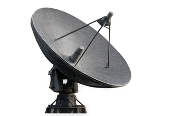 Massive satellite antenna receiving extraterrestrial signals against transparent backdrop