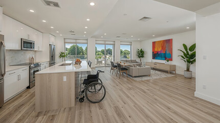 Modern open concept apartment interior with accessible kitchen and wheelchair by island in bright stylish living space