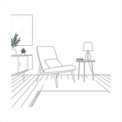 Modern armchair and side table with lamp books vase