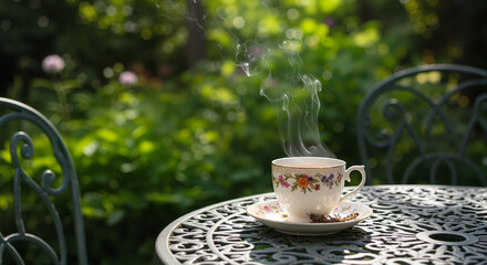 Tea cup with steam on a garden table