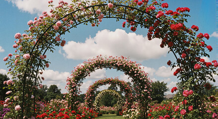 Rose arches in a garden against blue sky with clouds, for backgrounds