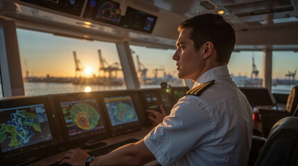 Ship Captain Operating Navigation Systems On Bridge During Sunset In Maritime Control Room