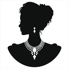 (Victorian vintage necklace) Elegant Woman Silhouette with Exquisite Pearl Necklace and Earrings/A sophisticated profile silhouette of a woman, showcasing a timeless elegance.