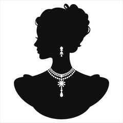 (Victorian vintage necklace)Elegant Silhouette of a Lady Wearing Exquisite Jewelry/A sophisticated black and white silhouette of a woman in profile view, adorned with a multi-strand pearl necklace