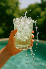 A hand holds a glass overflowing with ice water, splashing droplets in the summer sunlight by the pool