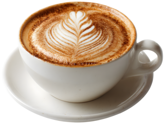Coffee Latte Art: A meticulously crafted latte art design adorns a fresh cup of cappuccino, perfect for a cafe or culinary scene.