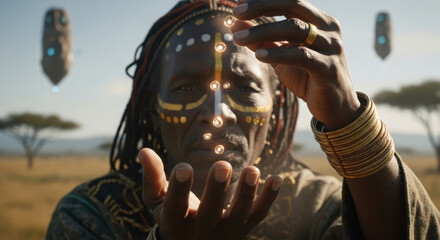Portrait of elder releasing glowing soul beads in a savanna. ancestral, sacred, and futuristic concepts.