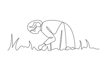 one continuous line draw of male bent down to pick up the harvest. Farmer minimalist concept. Harvest time concept. Harvesting.
