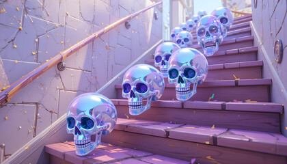 Shiny Skull Decoration on Stairs for Festive or Creative Themes