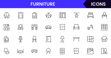 Vector line icons of chairs, tables, sofas, beds, cabinets, home decor, interior design, and furnishings ideal for furniture websites, apps, and catalogs.