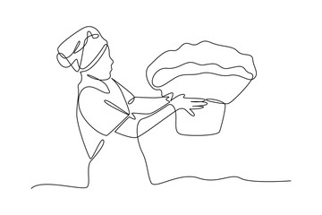 one continuous line draw of the gardener raises her harvest. Farmer minimalist concept. Harvest time concept. Harvesting.