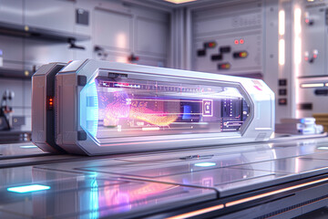An advanced gadget with a vibrant holographic display and a metallic finish, set in a futuristic workspace with clean lines and high-tech elements.