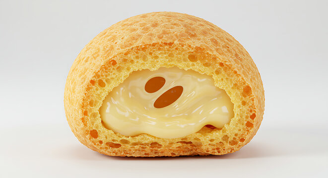 Pão de queijo close-up with gooey cheese interior, isolated on white — popular snack in Rio cafés and breakfast spots