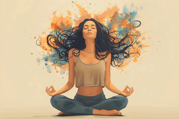 Overthinking, anxiety, depression, mental health, burnout – conceptual illustration of a meditating person overwhelmed by intrusive thoughts, emotional tension, and lack of inner peace.