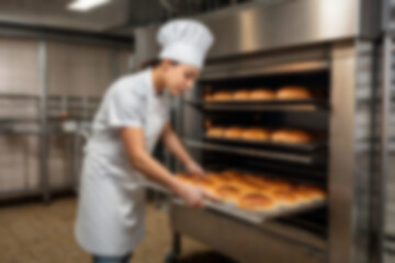 A blurry photo of a worker making bread and baking it in the oven until cooked.
