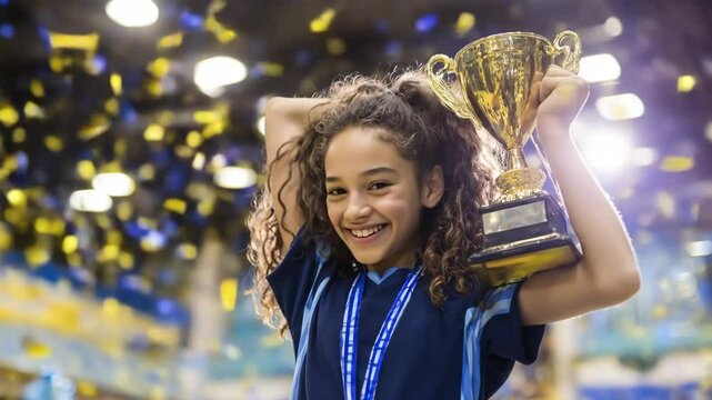 Winning moment indoor sports celebration with trophy young girl victory sportswoman success achievement indoor arena yellow confetti