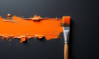 paintbrush with orange paint on a black background, creating a vibrant contrast between the two colors. 