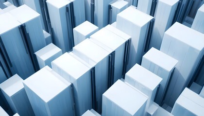 Abstract 3D Geometry with Tall Blocks in White and Light Blue Tones