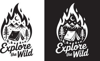 Obraz premium Explore the Wild Adventure Campfire Badge Vector for Outdoor Logo, Sticker, T-Shirt, and Camping-Themed Graphic Design