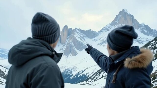 Two individuals in winter attire stand in a snowy landscape, pointing and admiring a towering mountain in the distance.