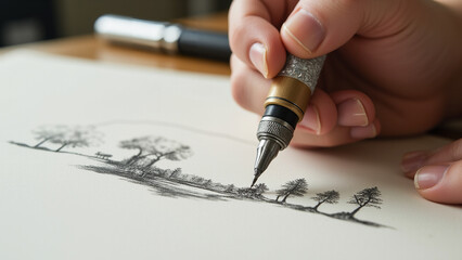 person writing on a piece of paper with a fountain pen, surrounded by trees. The background is slightly blurred, suggesting the person is focused on the task at hand.