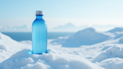 blue bottle of water sitting atop a snow-covered mountain, with a clear blue sky in the background.
