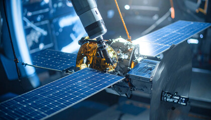 Satellite Deployment: Close-up view of a satellite with solar panels being deployed by a robotic arm, showcasing intricate details of space exploration technology.