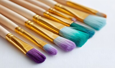 Fototapeta premium A vibrant lineup of paintbrushes stretches diagonally across a white background, Generative AI