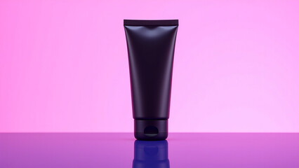 The tube is cylindrical in shape and has a glossy finish. The background is a vibrant mix of pink, purple, and blue, creating a striking contrast with the black of the tube.