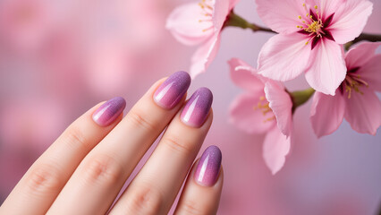 woman's hand with a purple manicure and pink flowers on it, set against a blurred background.