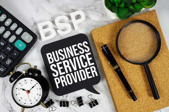 BSP - Business Service Provider acronym with calculator, alarm clock and magnifying glass, Business concept background