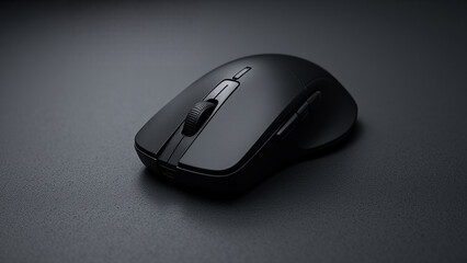 close up of a black Logitech MX Anywhere S wireless mouse on a black surface.