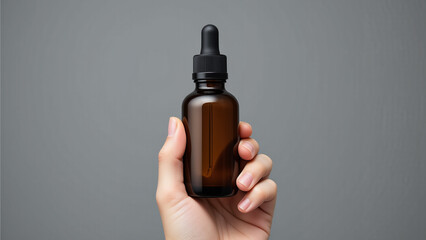 person's hand holding a brown glass dropper bottle with a black cap.