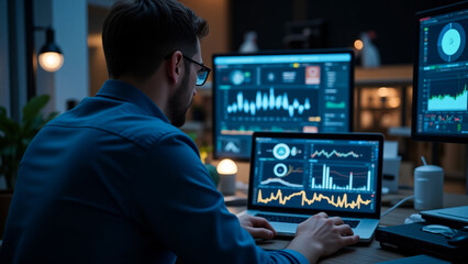 man sitting at a desk in front of two computer monitors, working on a lapto