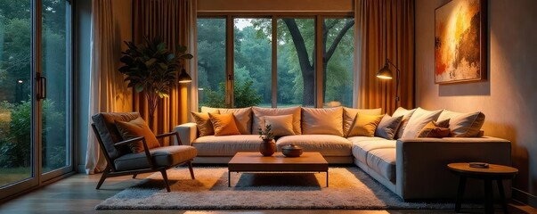 Fototapeta premium Cozy living room back with warm lighting, plush furniture, and inviting textures Perfect for relaxation and comfortable evenings at home , back view, living room, greenery