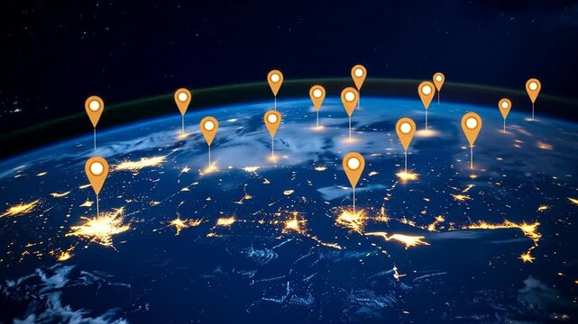 Glowing pins mark locations on a dark earth globe showing interconnected bright cities