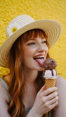 A woman licking an ice cream cone